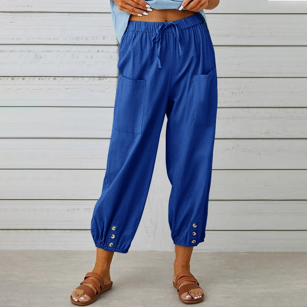 Relaxed Harem Trousers with Drawstring, Elasticated Cuffs and Patch Pockets