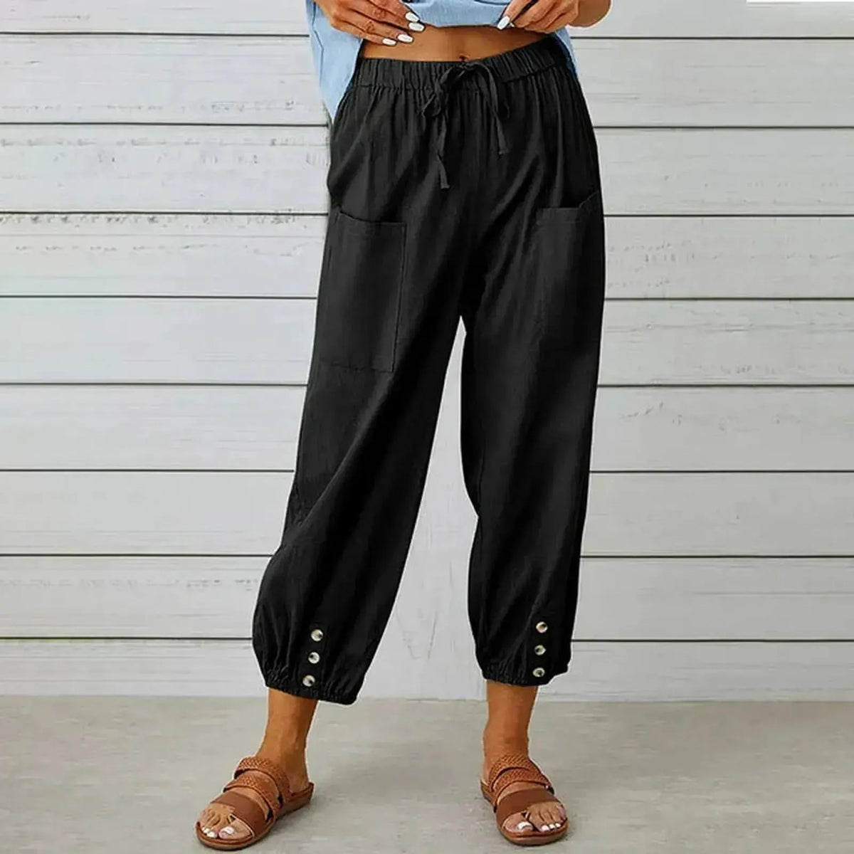 Relaxed Harem Trousers with Drawstring, Elasticated Cuffs and Patch Pockets