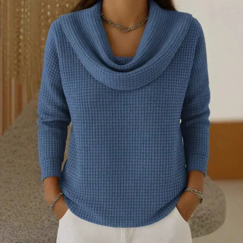 Waffle Knit Jumper with Draped Cowl Neck