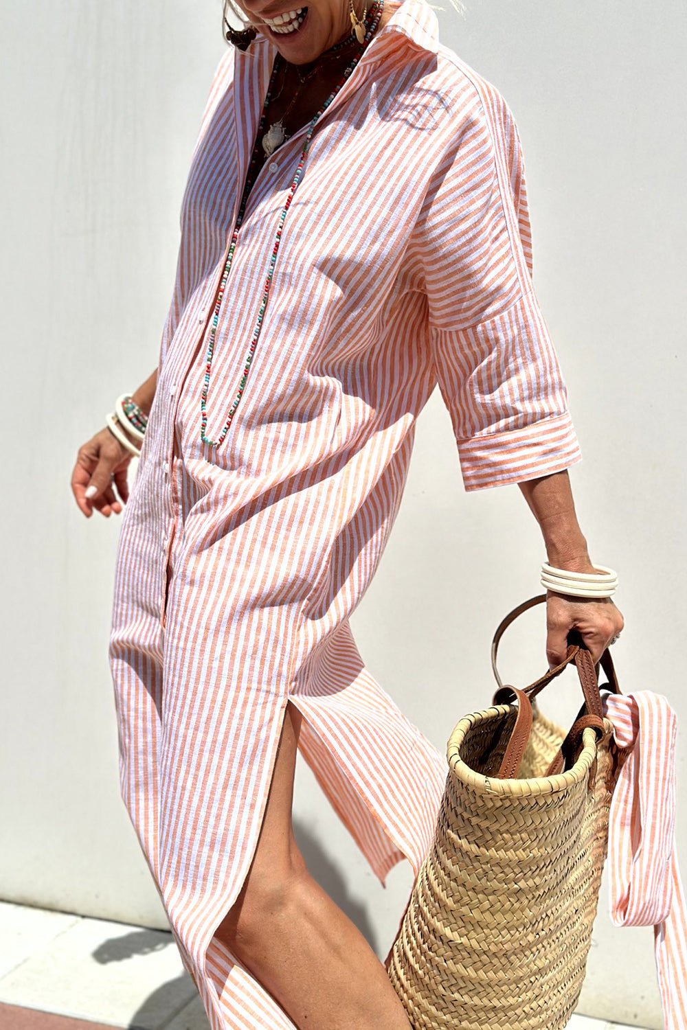 Oversized Striped Shirt Dress with Side Splits and Long Sleeves