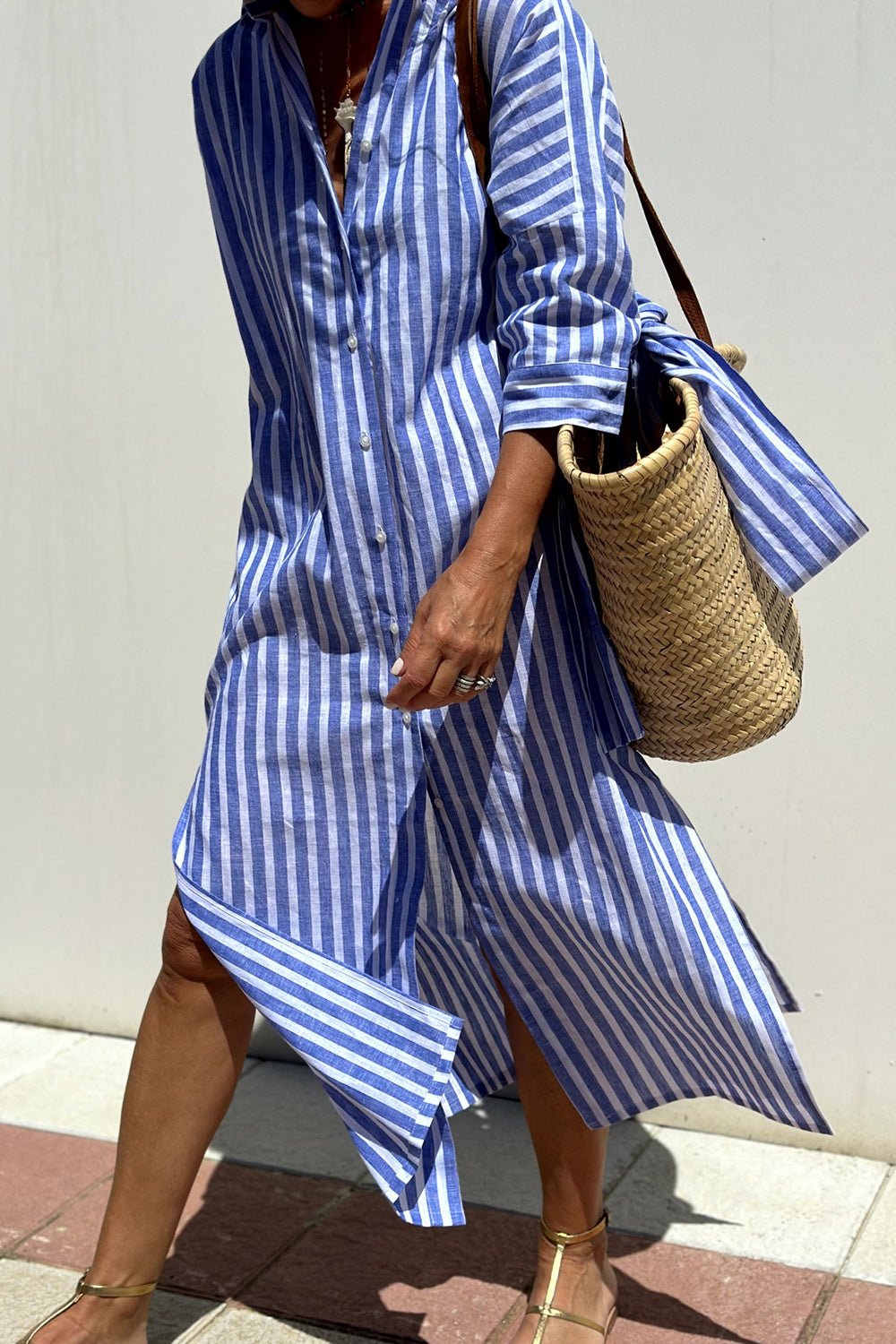 Oversized Striped Shirt Dress with Side Splits and Long Sleeves