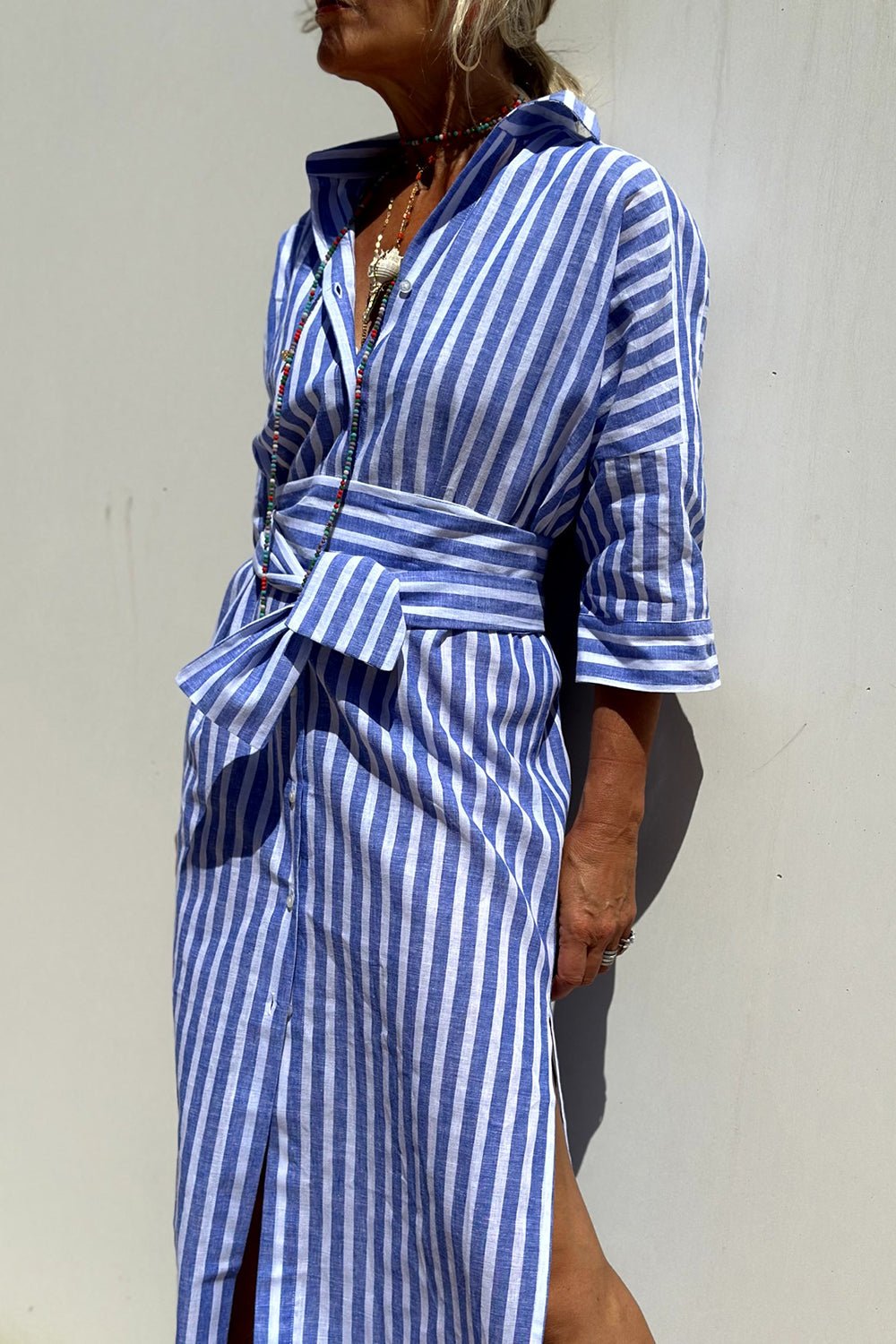 Oversized Striped Shirt Dress with Side Splits and Long Sleeves