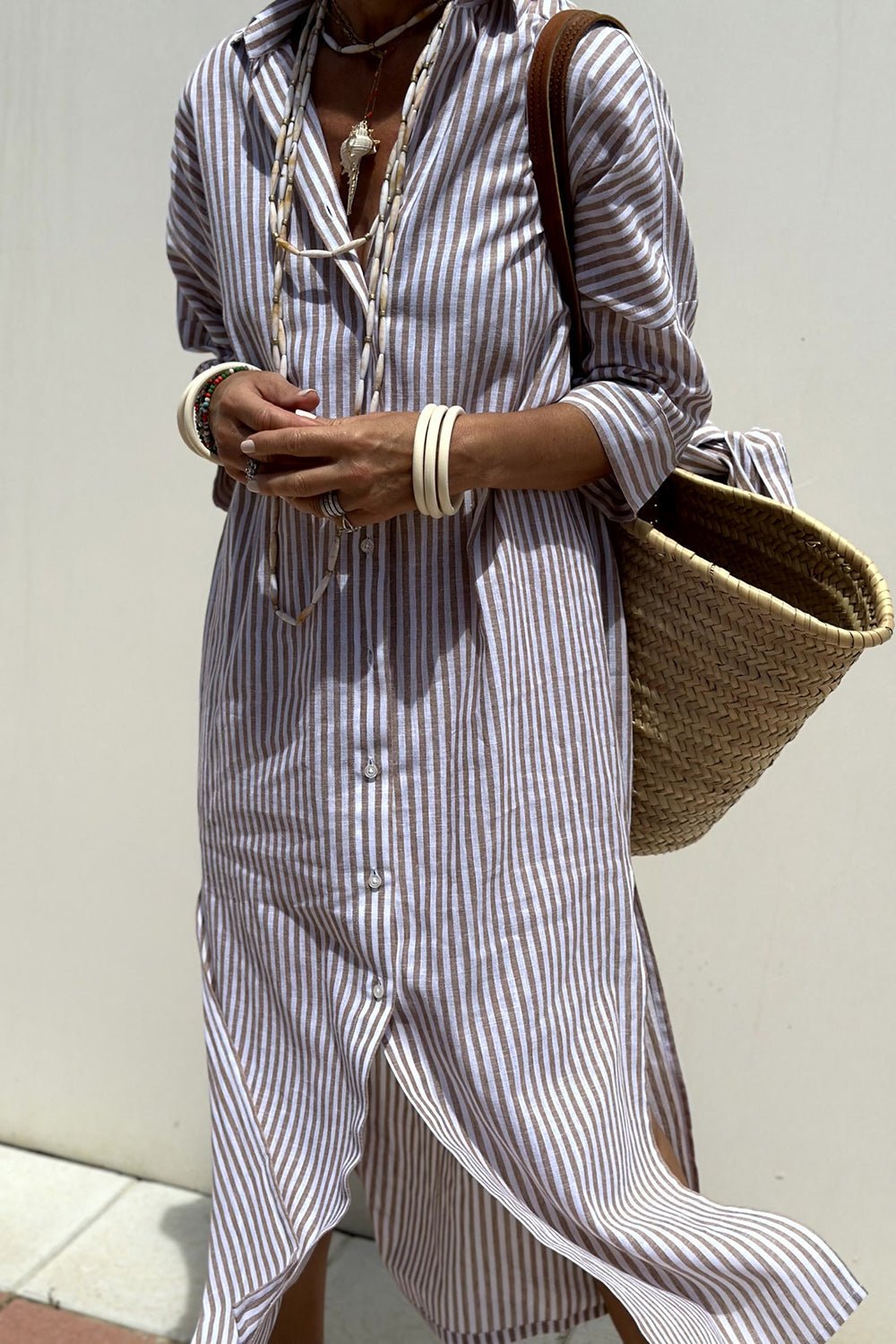 Oversized Striped Shirt Dress with Side Splits and Long Sleeves