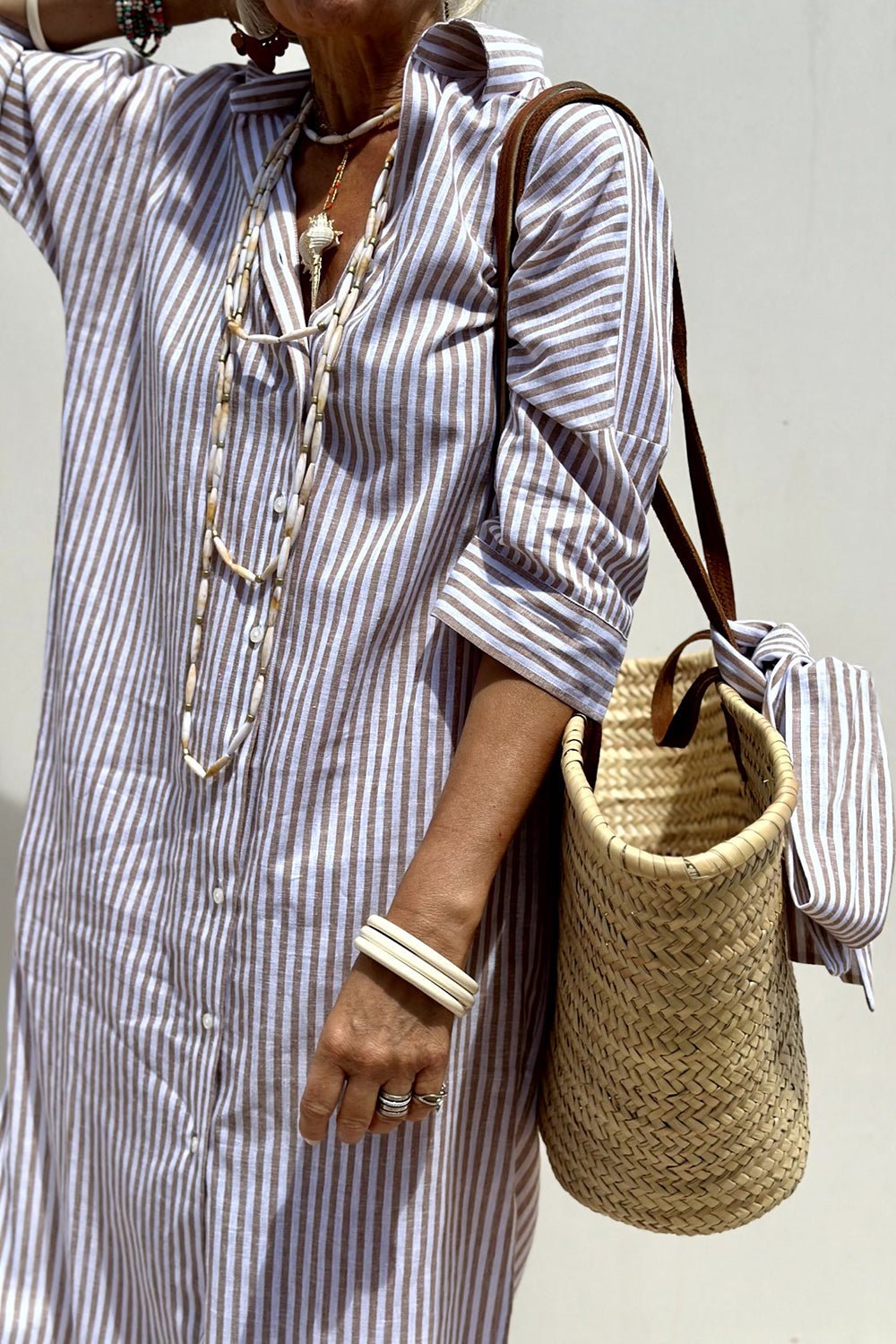 Oversized Striped Shirt Dress with Side Splits and Long Sleeves