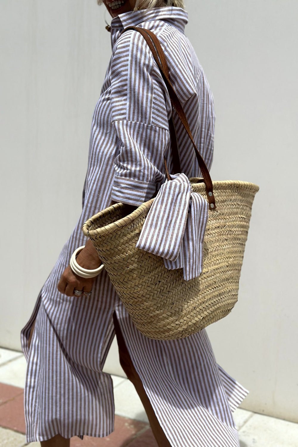 Oversized Striped Shirt Dress with Side Splits and Long Sleeves