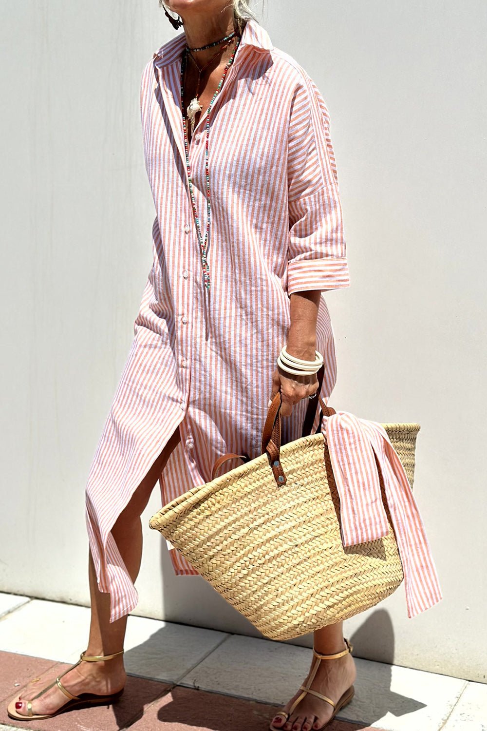 Oversized Striped Shirt Dress with Side Splits and Long Sleeves