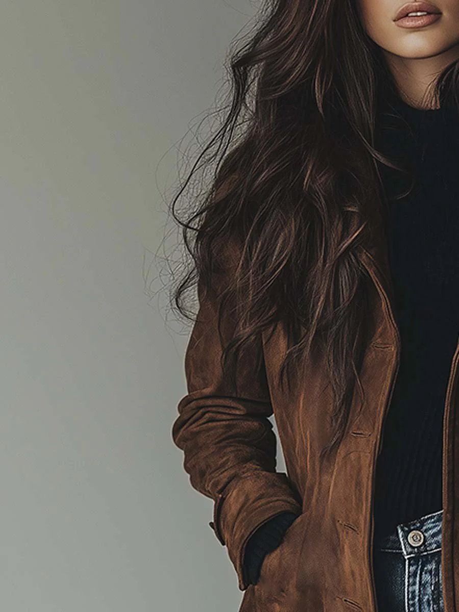 Suede-Look Trench Coat with Button Front