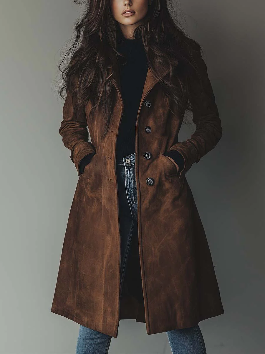 Suede-Look Trench Coat with Button Front