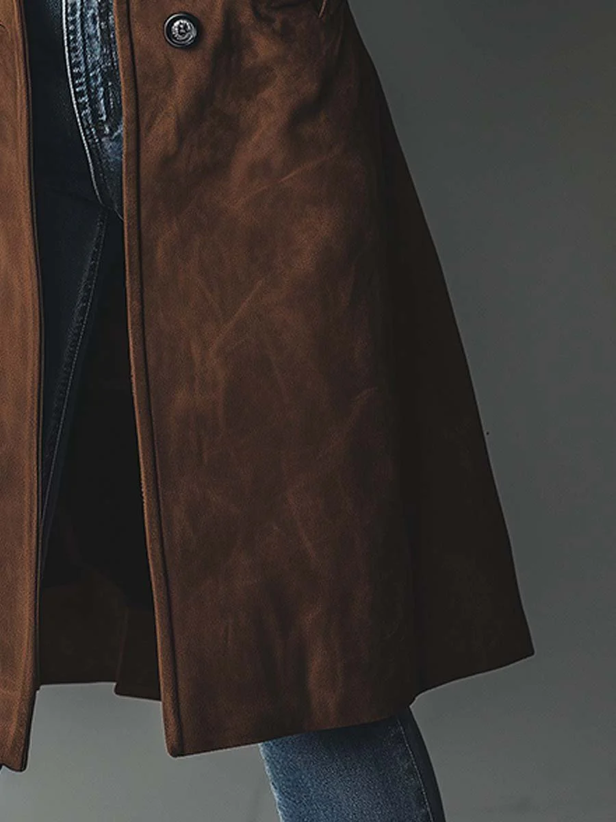 Suede-Look Trench Coat with Button Front