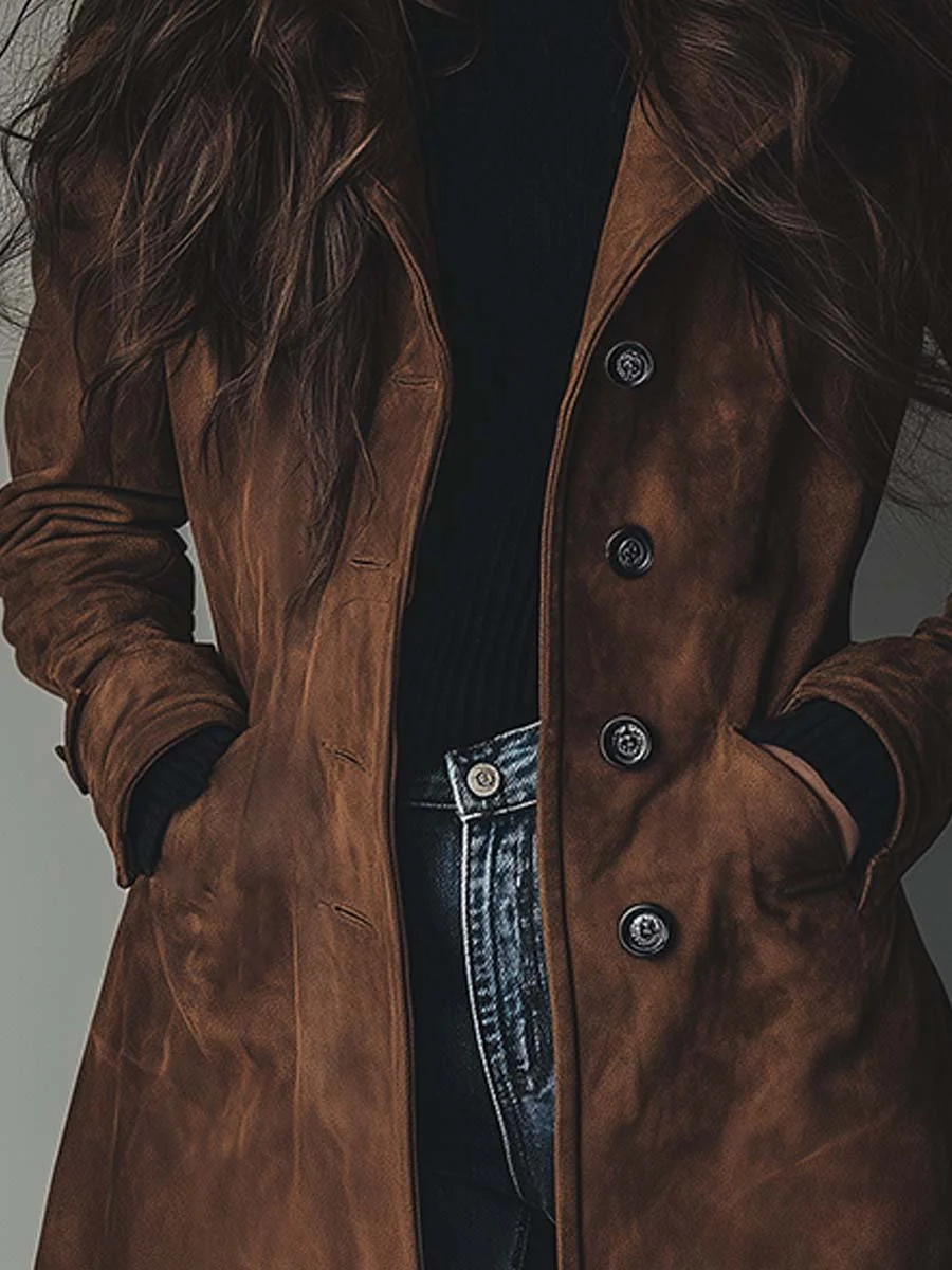 Suede-Look Trench Coat with Button Front