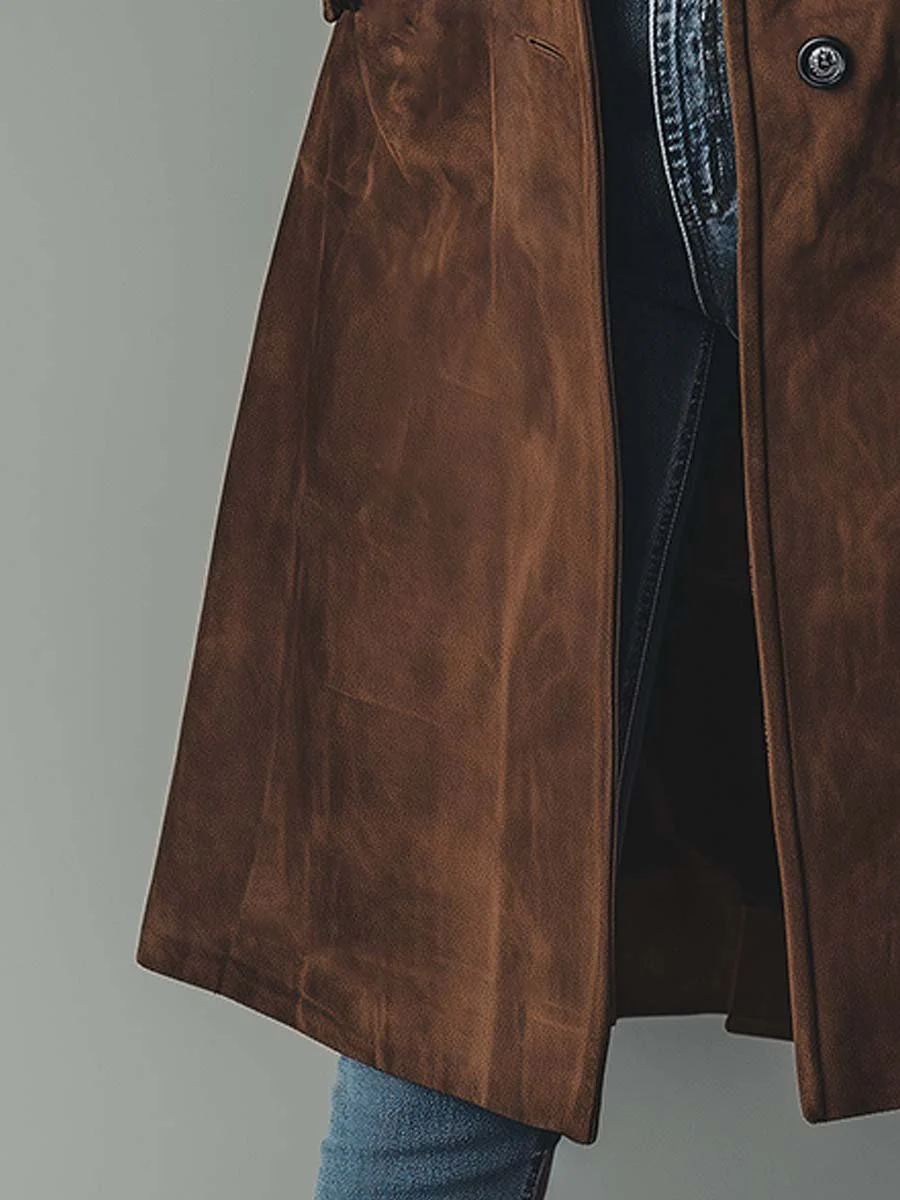 Suede-Look Trench Coat with Button Front