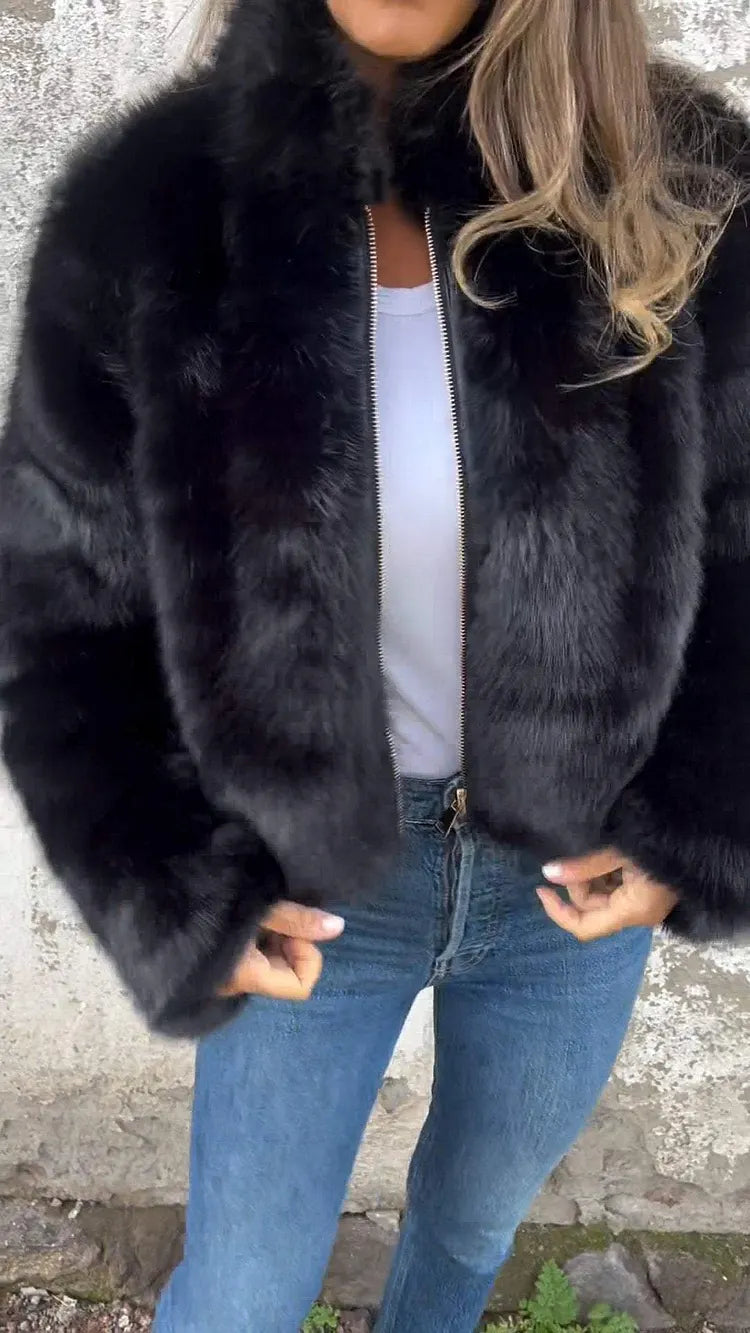 Faux Fur Cropped Jacket with High Collar