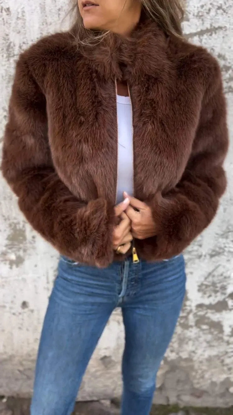 Faux Fur Cropped Jacket with High Collar