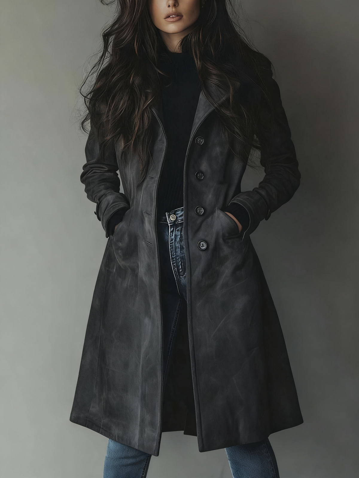 Structured Double-Breasted Trench Coat with Notched Lapels