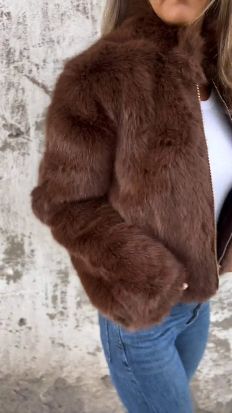 Faux Fur Cropped Jacket with High Collar