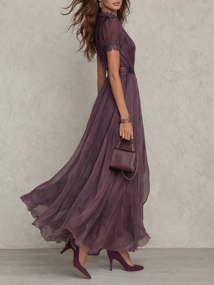 Elegant Mauve Chiffon Maxi Dress with Lace and Satin Belt