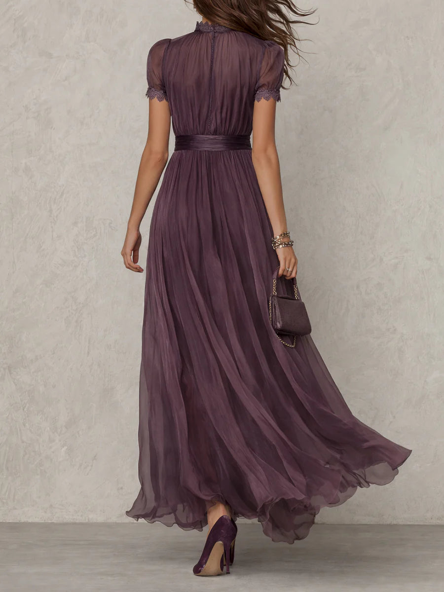 Elegant Mauve Chiffon Maxi Dress with Lace and Satin Belt