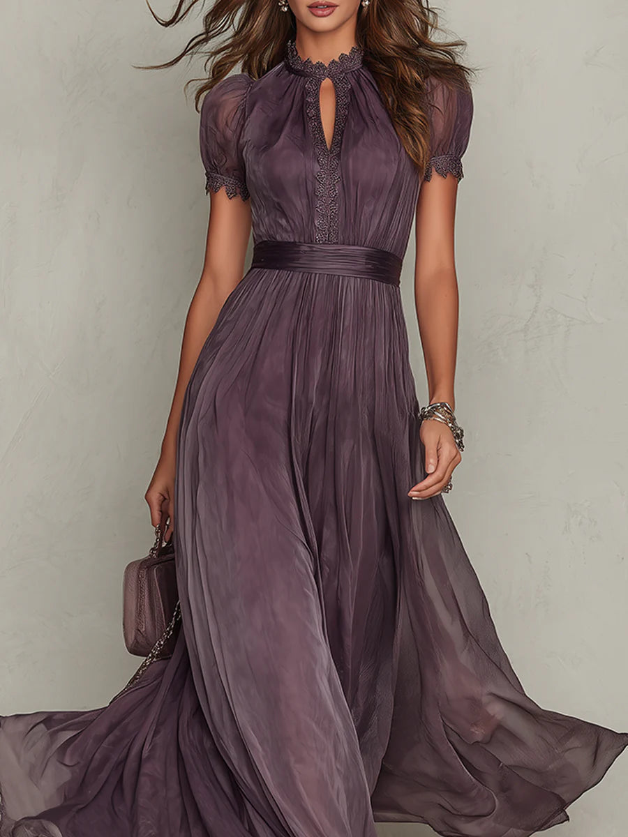 Elegant Mauve Chiffon Maxi Dress with Lace and Satin Belt