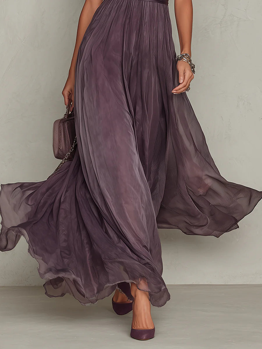 Elegant Mauve Chiffon Maxi Dress with Lace and Satin Belt