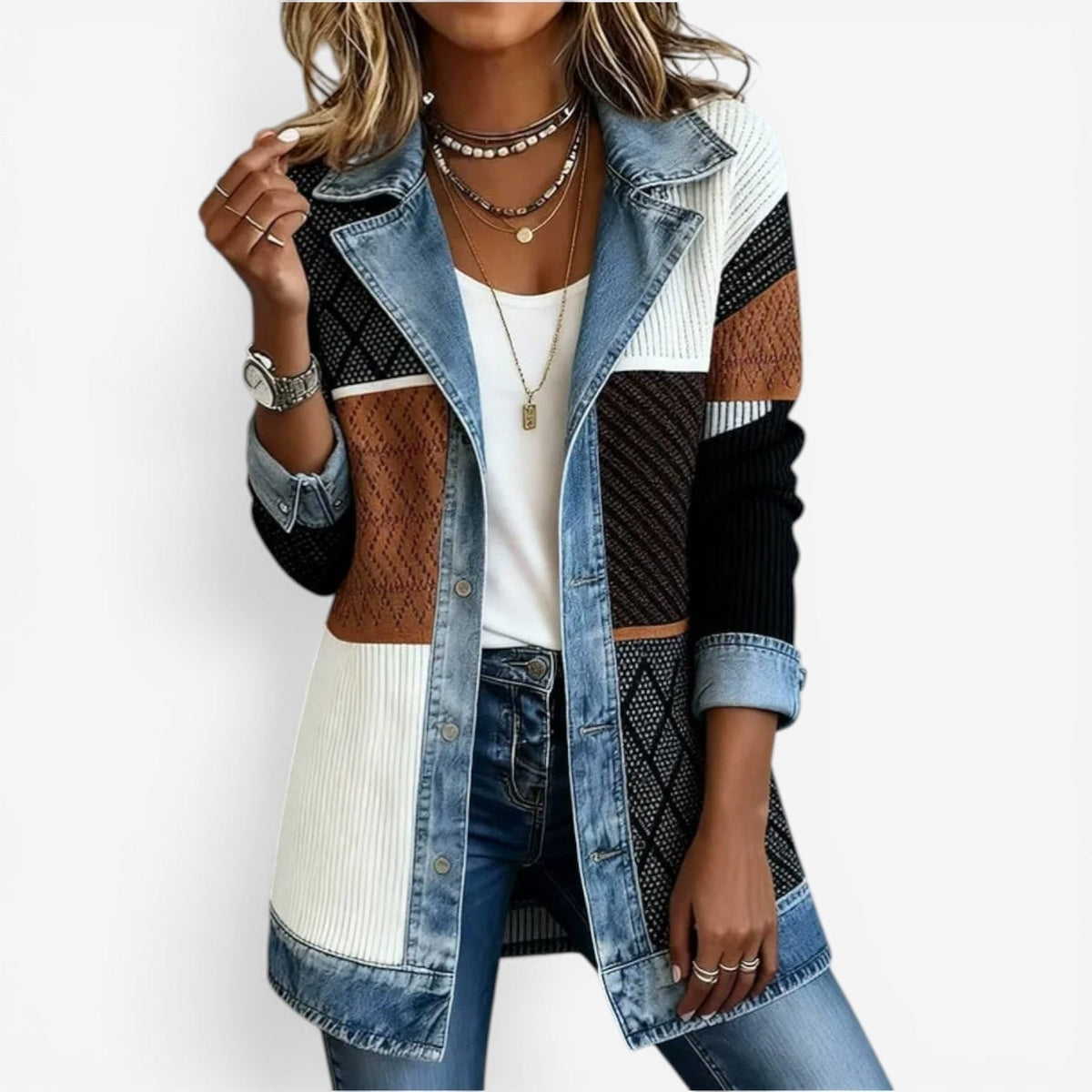 Cardigan Jacket with Denim Collar