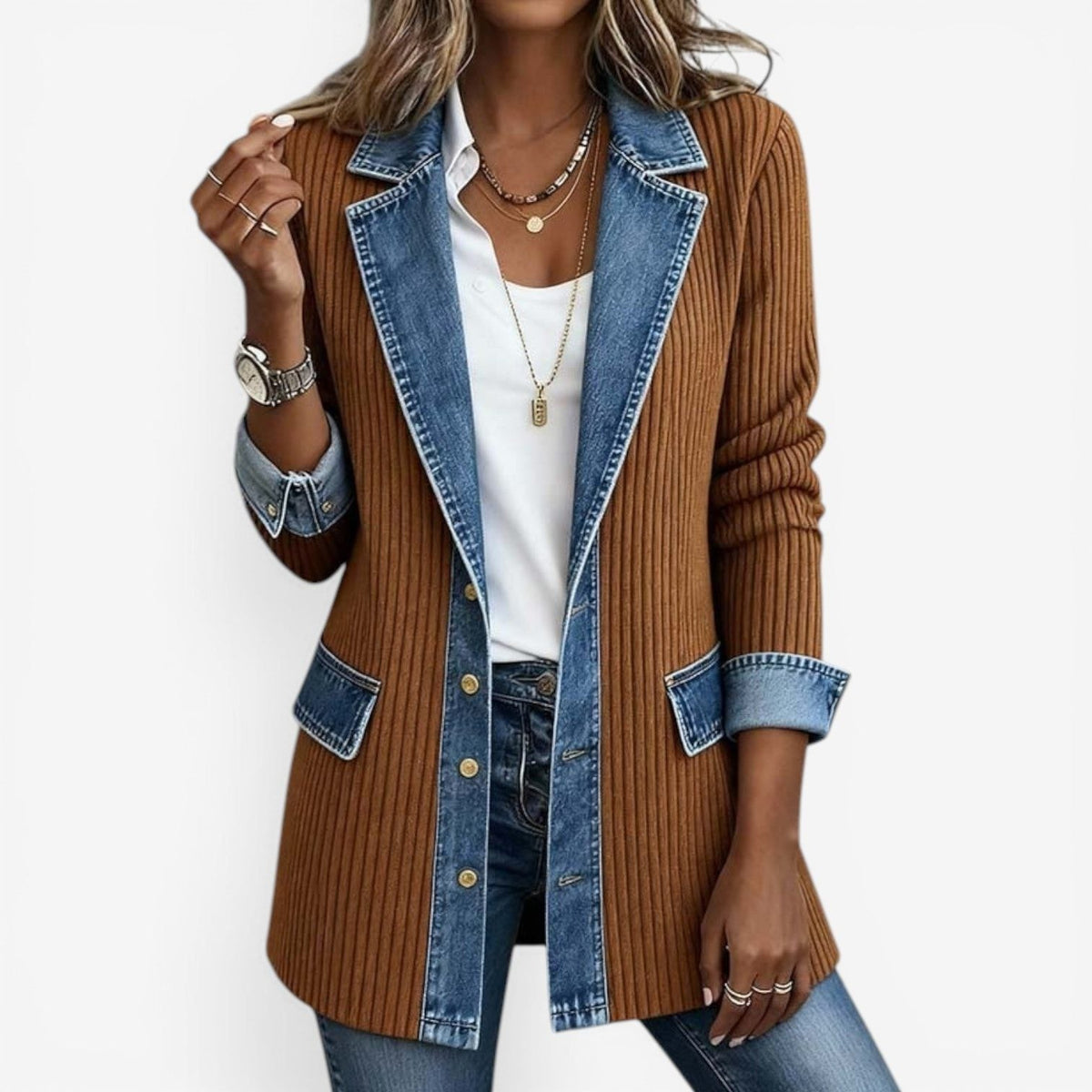 Cardigan Jacket with Denim Collar