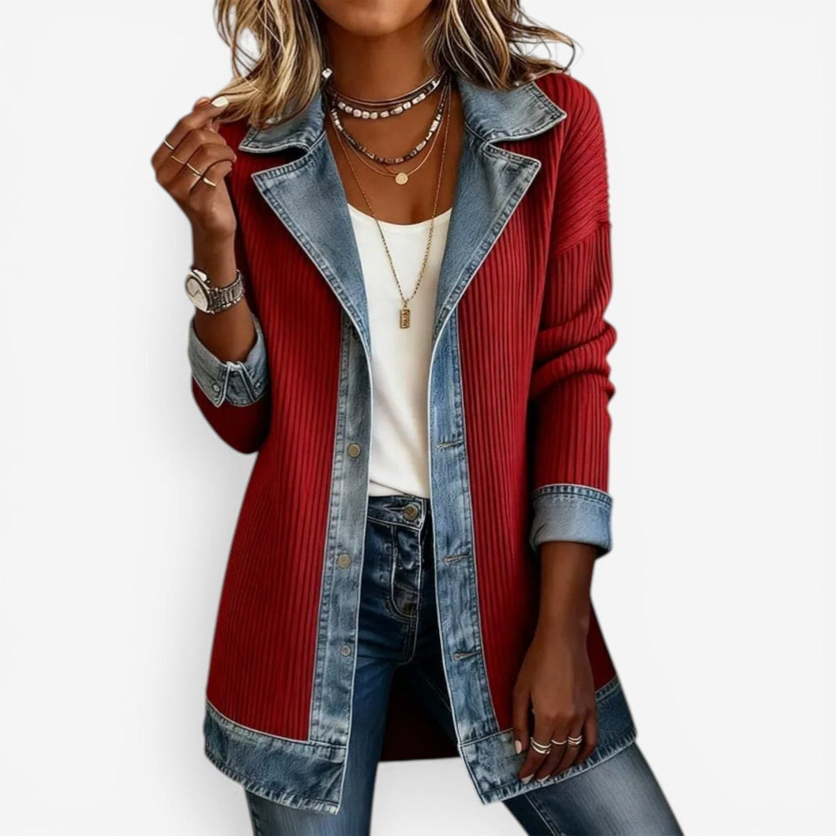Cardigan Jacket with Denim Collar