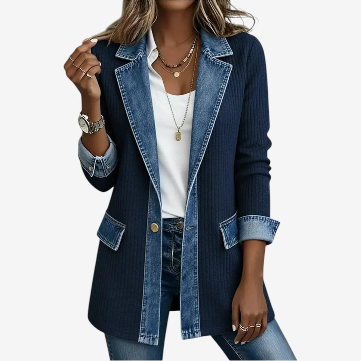 Cardigan Jacket with Denim Collar