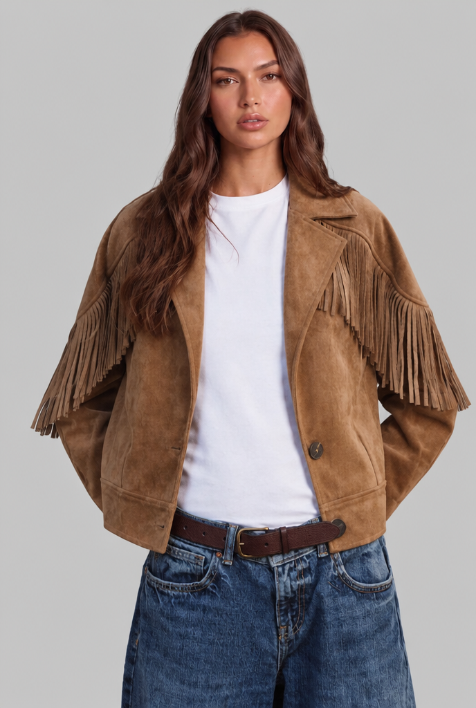 Cropped Suede-Look Fringe Jacket with Boxy Fit