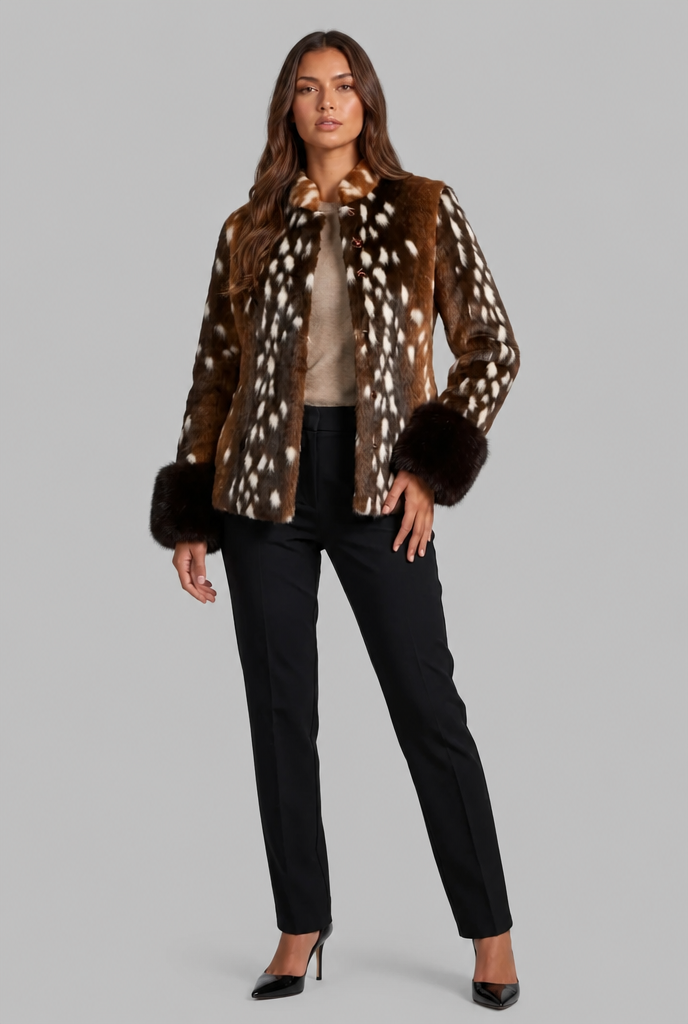 Deer Print Faux Fur Jacket with Contrast Cuffs