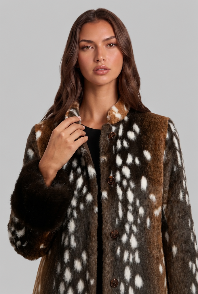 Deer Print Faux Fur Jacket with Contrast Cuffs