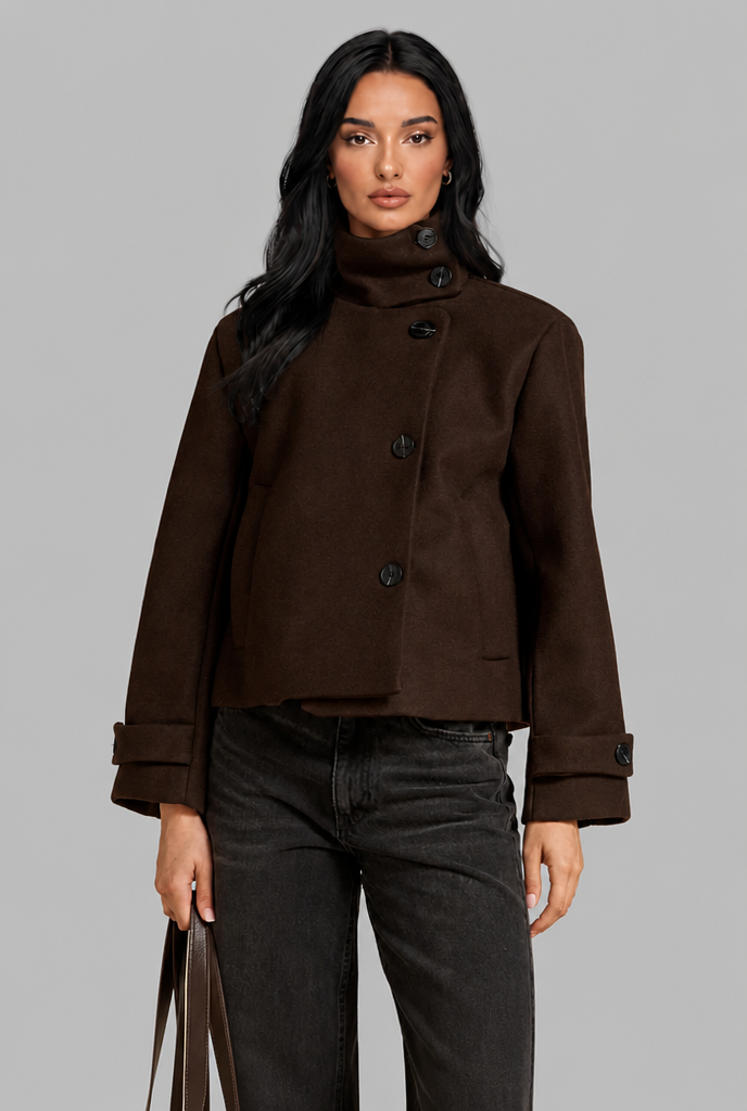 Cropped Funnel Neck Jacket with Asymmetric Buttons