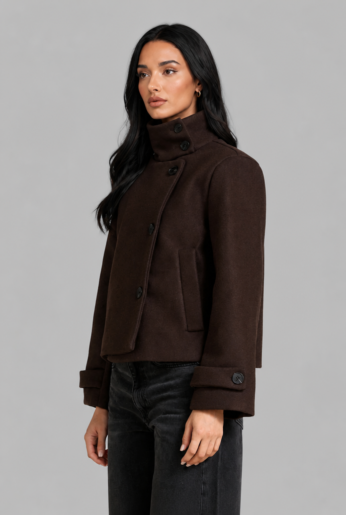 Cropped Funnel Neck Jacket with Asymmetric Buttons