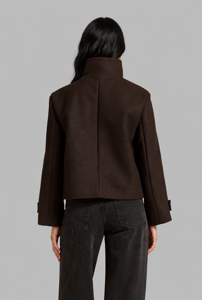 Cropped Funnel Neck Jacket with Asymmetric Buttons