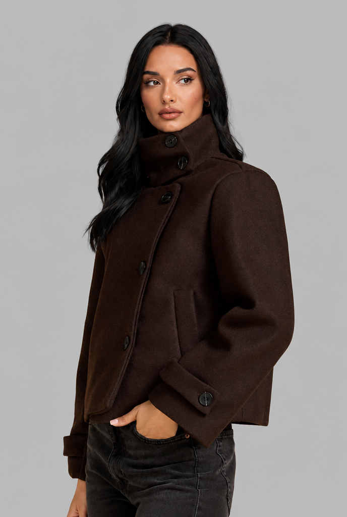 Cropped Funnel Neck Jacket with Asymmetric Buttons