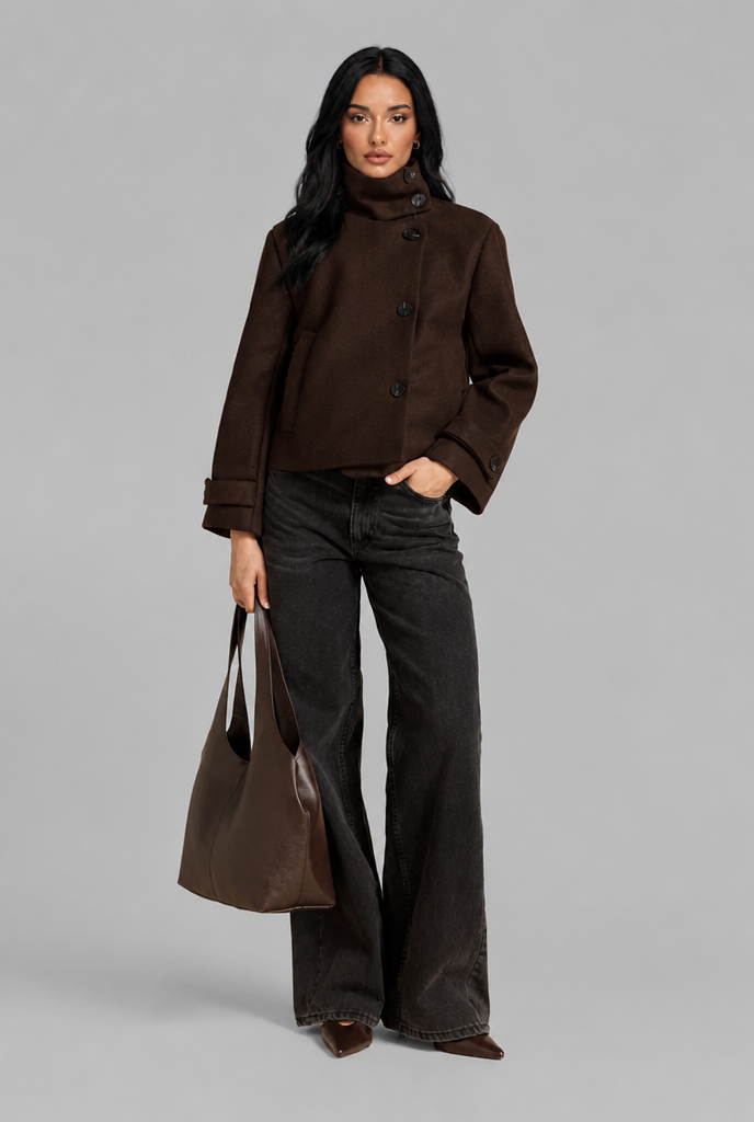 Cropped Funnel Neck Jacket with Asymmetric Buttons