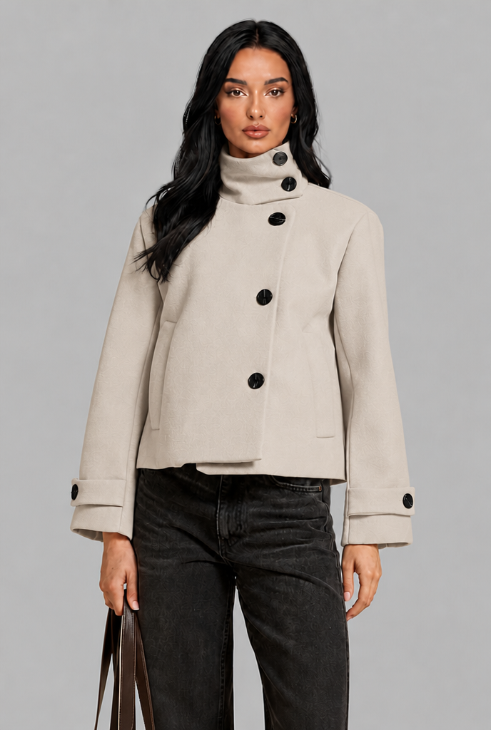 Cropped Funnel Neck Jacket with Asymmetric Buttons
