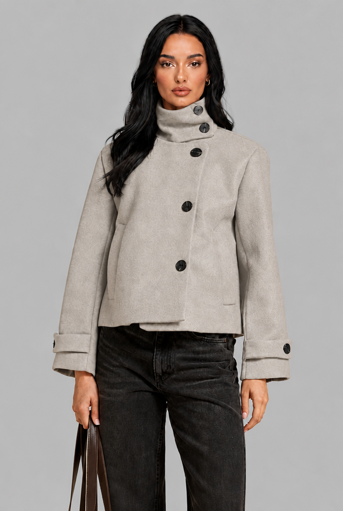 Cropped Funnel Neck Jacket with Asymmetric Buttons
