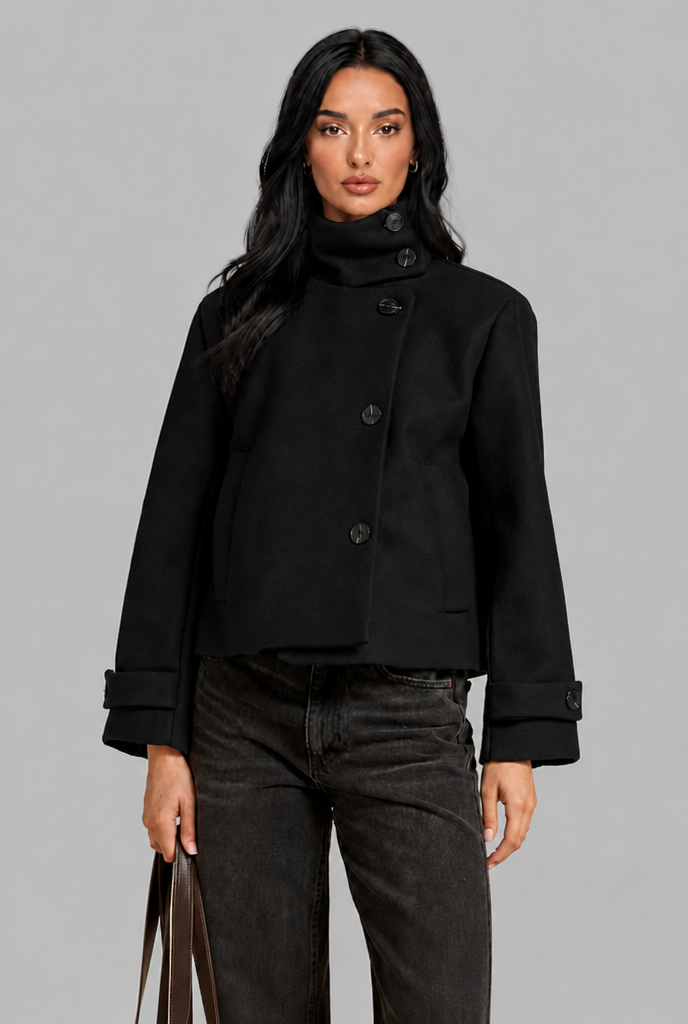 Cropped Funnel Neck Jacket with Asymmetric Buttons
