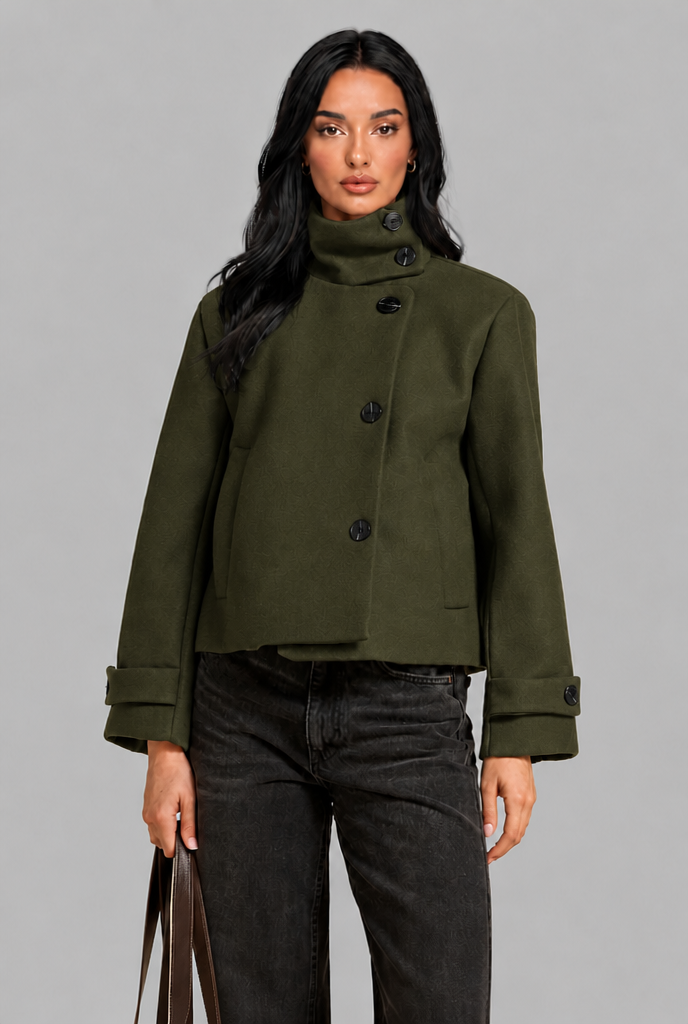 Cropped Funnel Neck Jacket with Asymmetric Buttons