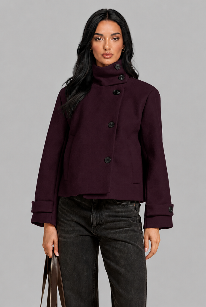 Cropped Funnel Neck Jacket with Asymmetric Buttons
