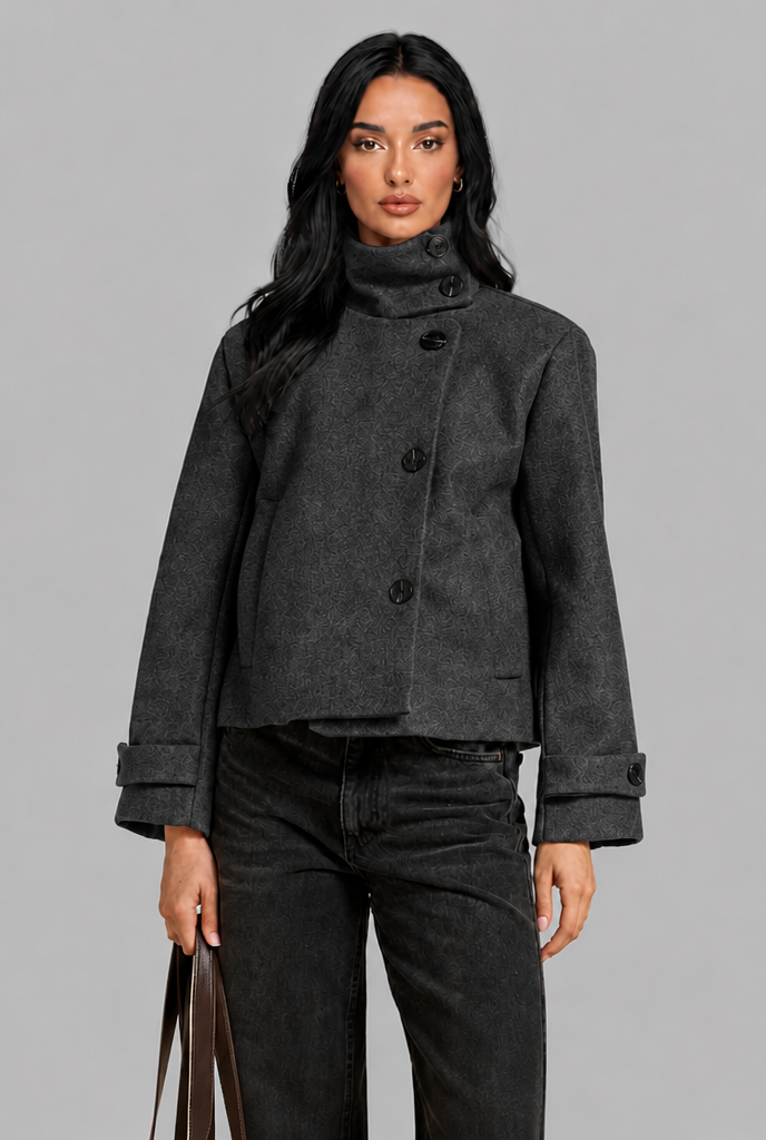 Cropped Funnel Neck Jacket with Asymmetric Buttons