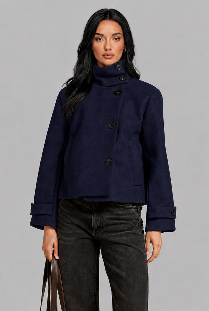 Cropped Funnel Neck Jacket with Asymmetric Buttons