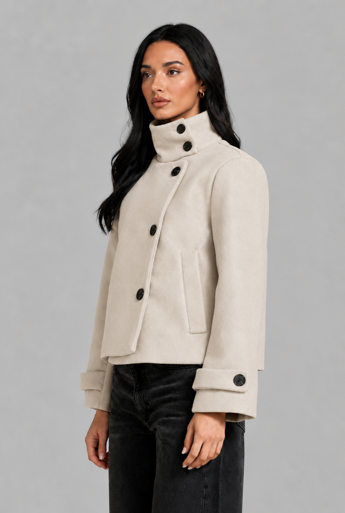 Cropped Funnel Neck Jacket with Asymmetric Buttons