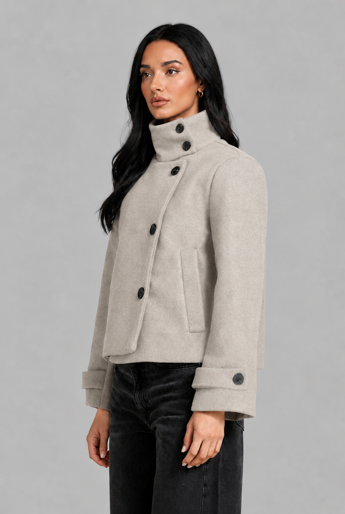 Cropped Funnel Neck Jacket with Asymmetric Buttons