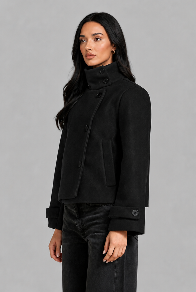 Cropped Funnel Neck Jacket with Asymmetric Buttons