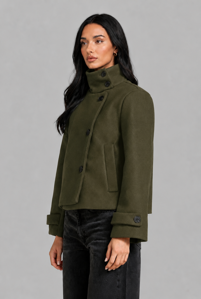 Cropped Funnel Neck Jacket with Asymmetric Buttons