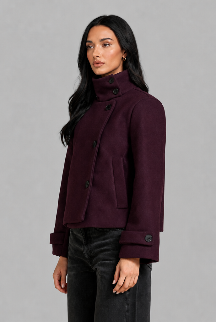 Cropped Funnel Neck Jacket with Asymmetric Buttons