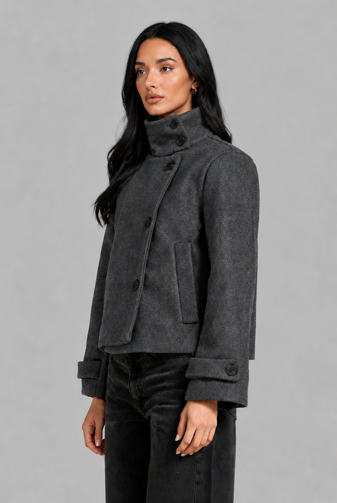 Cropped Funnel Neck Jacket with Asymmetric Buttons