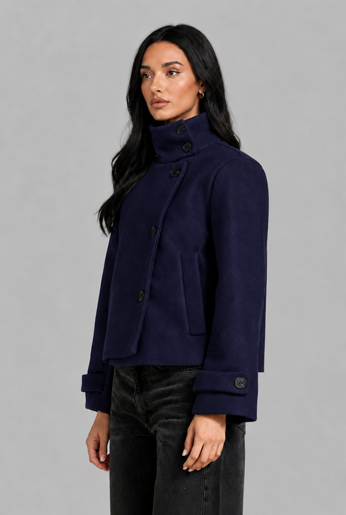 Cropped Funnel Neck Jacket with Asymmetric Buttons