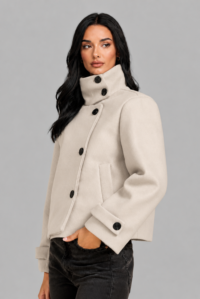 Cropped Funnel Neck Jacket with Asymmetric Buttons